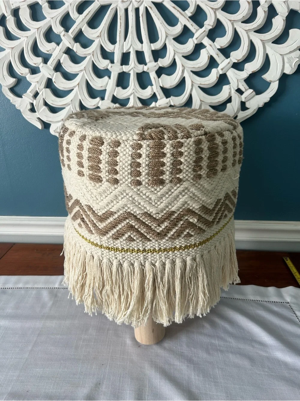 Like New Boho Woven Fringe Accent Stool Pouf in Cream and Brown